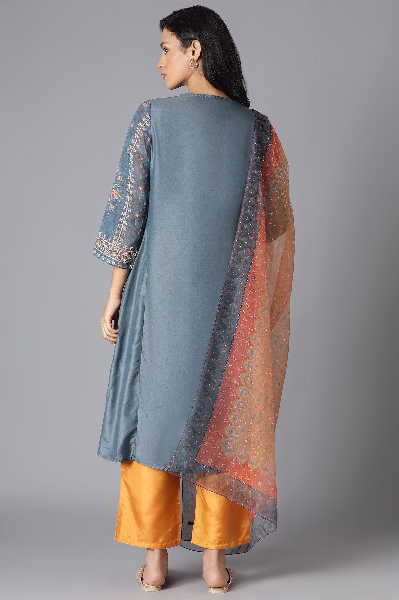 Teal Mock Layer kurta, Orange Parallel Pants And Dupatta Set - View 3