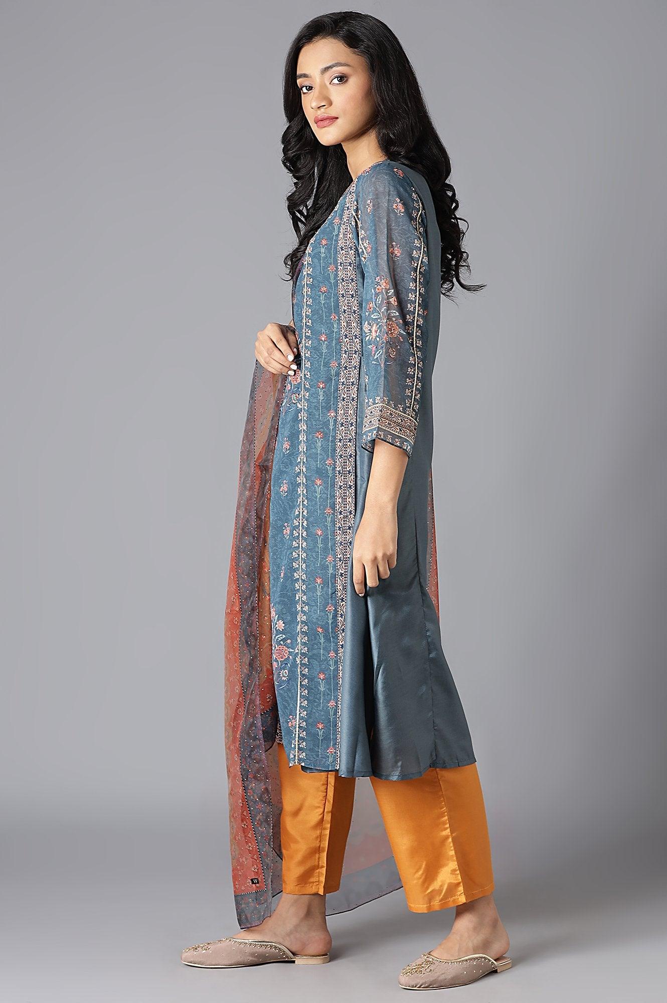 Teal Mock Layer kurta, Orange Parallel Pants And Dupatta Set - View 4