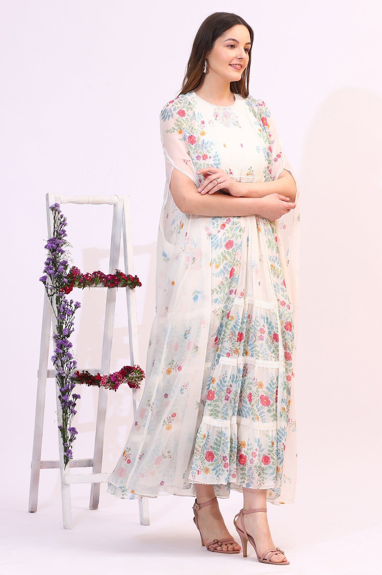 White Floral Printed Chiffon Tiered Flared Dress with Printed Cape - View 8