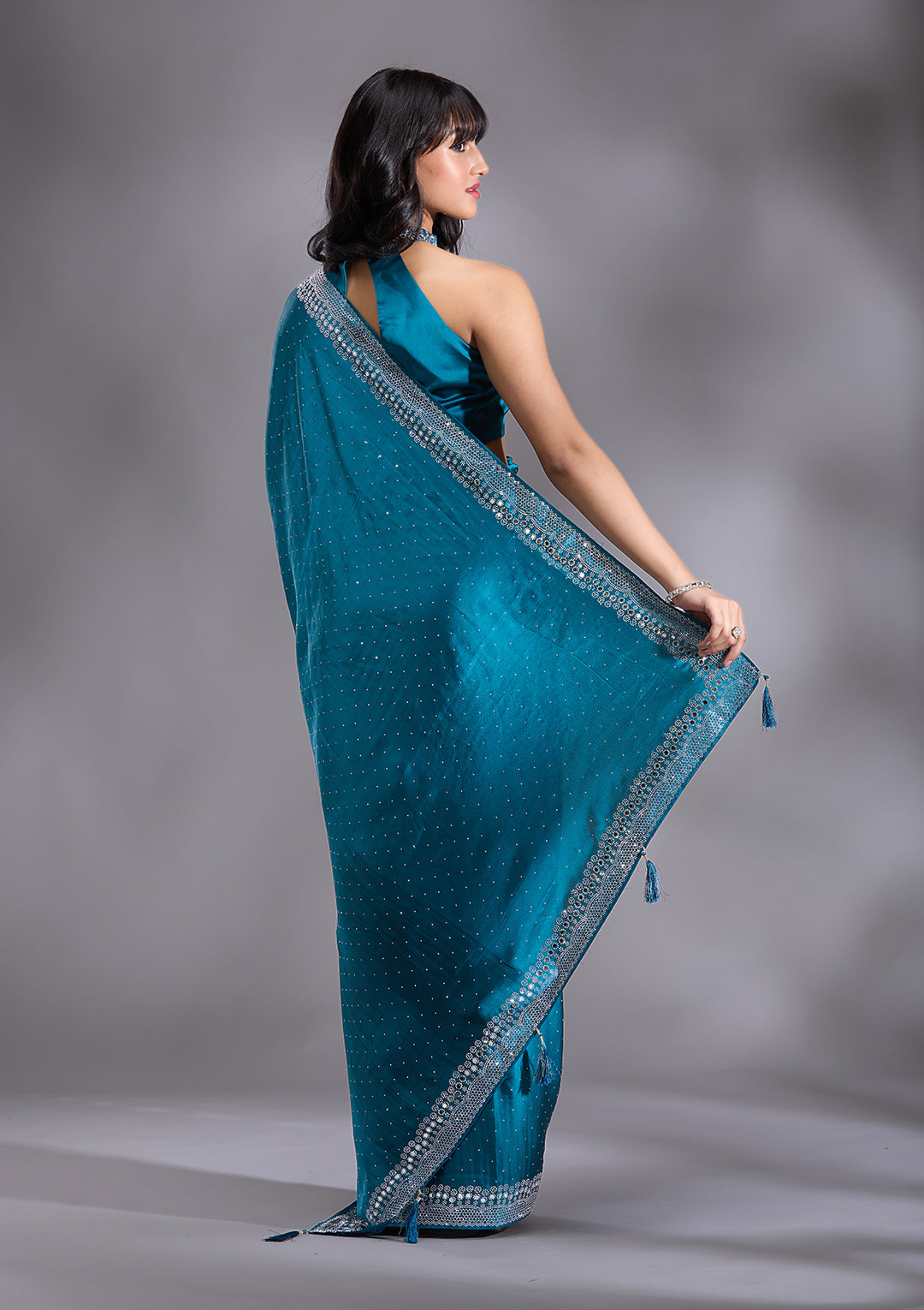 Peacock Blue Silver Stonework Satin Saree - View 6