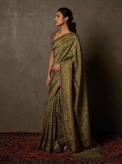 Olive &amp; Beige Shereen Saree With Unstitched Blouse - View 4