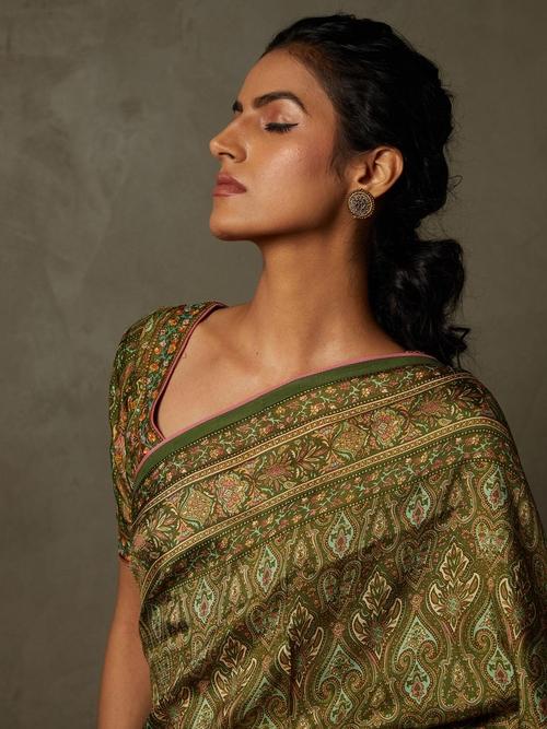 Olive &amp; Beige Shereen Saree With Unstitched Blouse - View 2