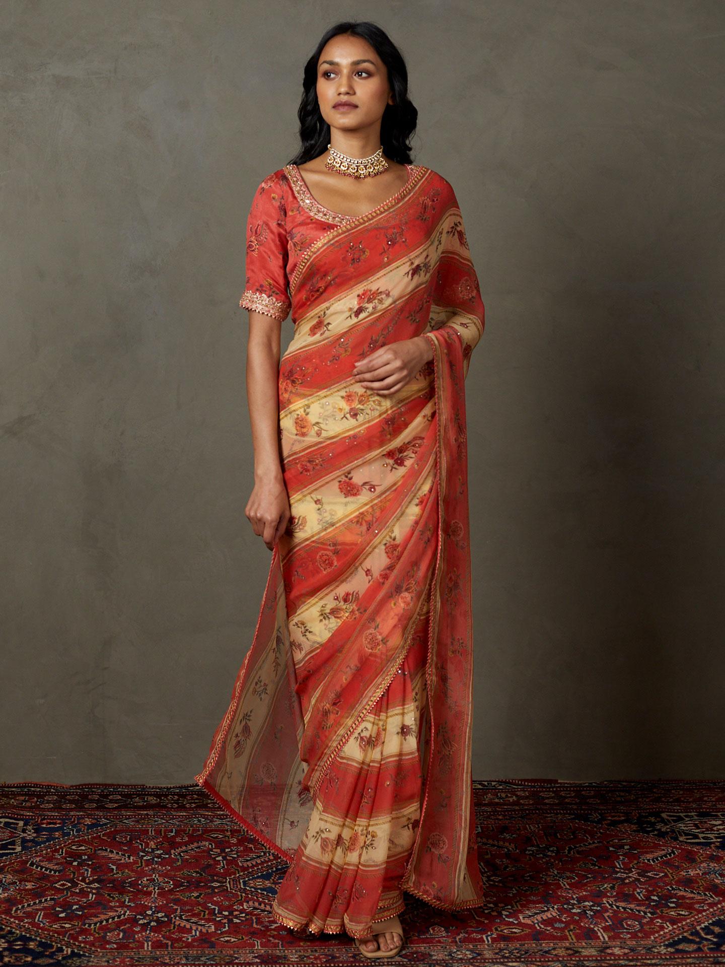 Peach & Multi Dahlia Saree With Unstitched Blouse