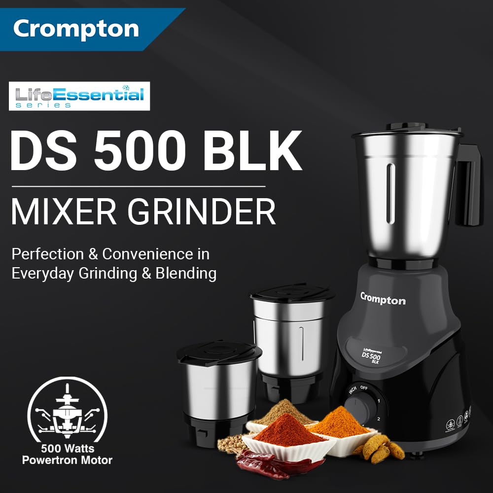 Crompton DS 500 BLK 500-Watt Mixer Grinder with Powertron Motor &amp; Motor Vent-X Technology (3 Stainless Steel Jars, Black &amp; Grey) - View 2